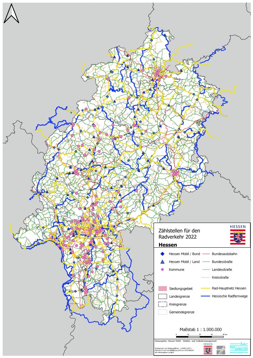 Karte Hessen - Zählstellen Radverkehr 2022