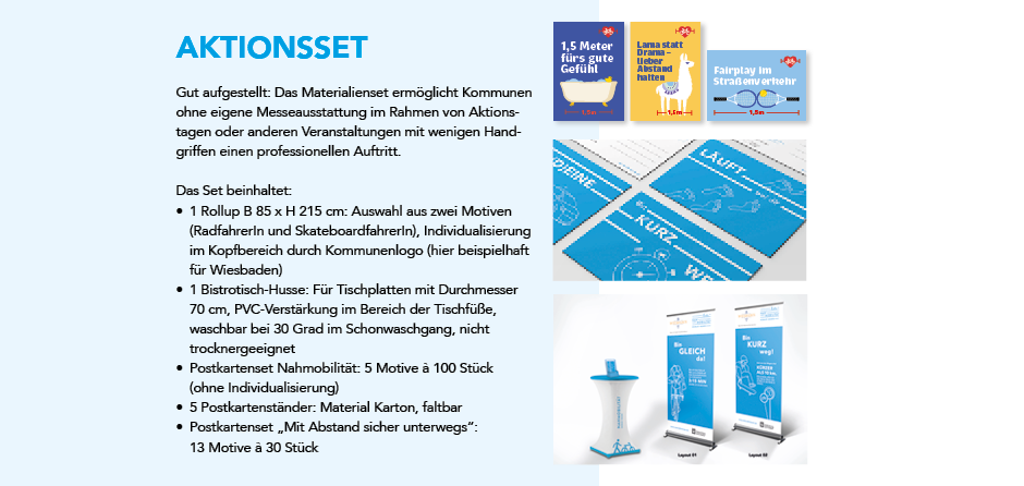 Materialset besteht aus Rollup, Bistrotisch-Husse, Postkartenset